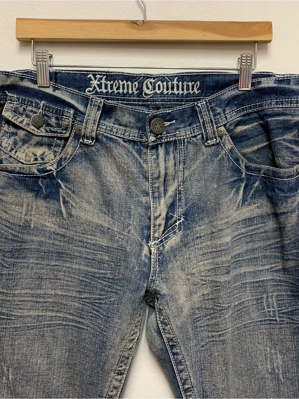Xtreme Couture Leather Cross Straight Jeans 34 x 27 Y2K Distressed Vtg *Hemmed